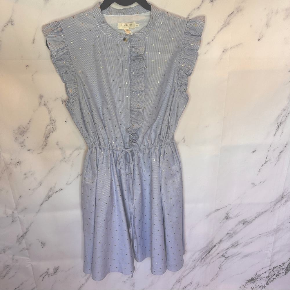 Brand New Ted Baker Ruffle Sleeves Blue and White Print Dress